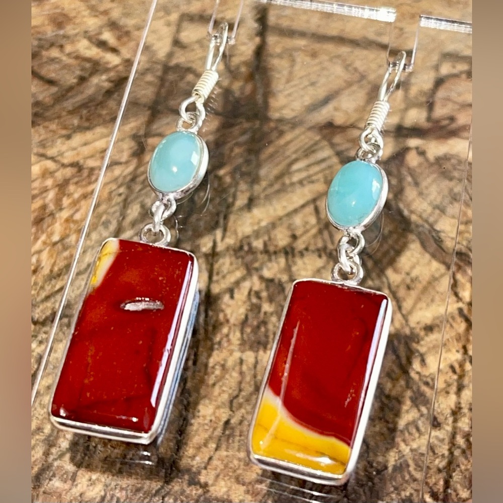 Mookaite & Caribbean Larimar Earrings 2 1/2”